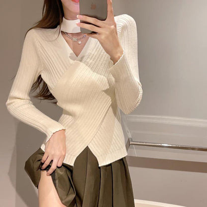 Damen Wickeloberteil Geripptes Strickmaterial Elegantes Design