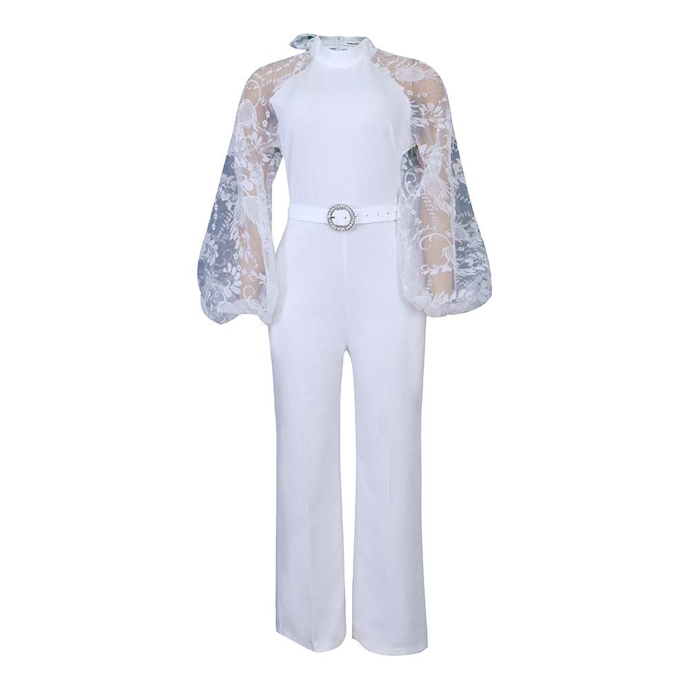 Damen Jumpsuit Puffärmel Taillengürtel Elegant