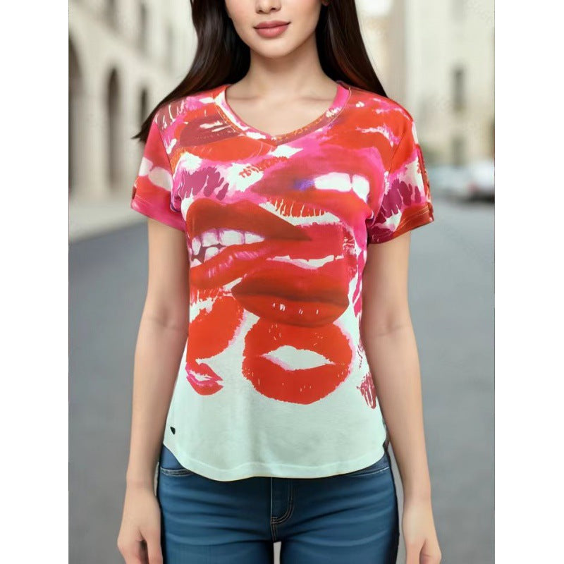 Damen T-Shirt mit Lippenmotiv Lässig Weiß - Norvielle