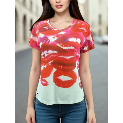 Damen T-Shirt mit Lippenmotiv Lässig Weiß - Norvielle