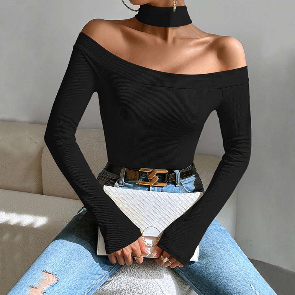 Damen Langarmshirt Off-Shoulder mit Knoten-Design Elegant Blau - Norvielle