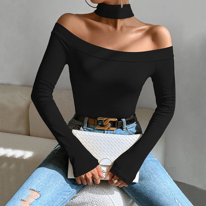 Damen Langarmshirt Off-Shoulder mit Knoten-Design Elegant Blau - Norvielle