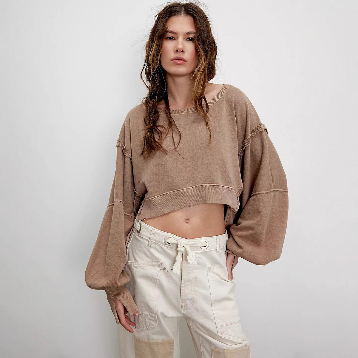 Damen Cropped Sweatpullover Weite Ärmel Norvielle