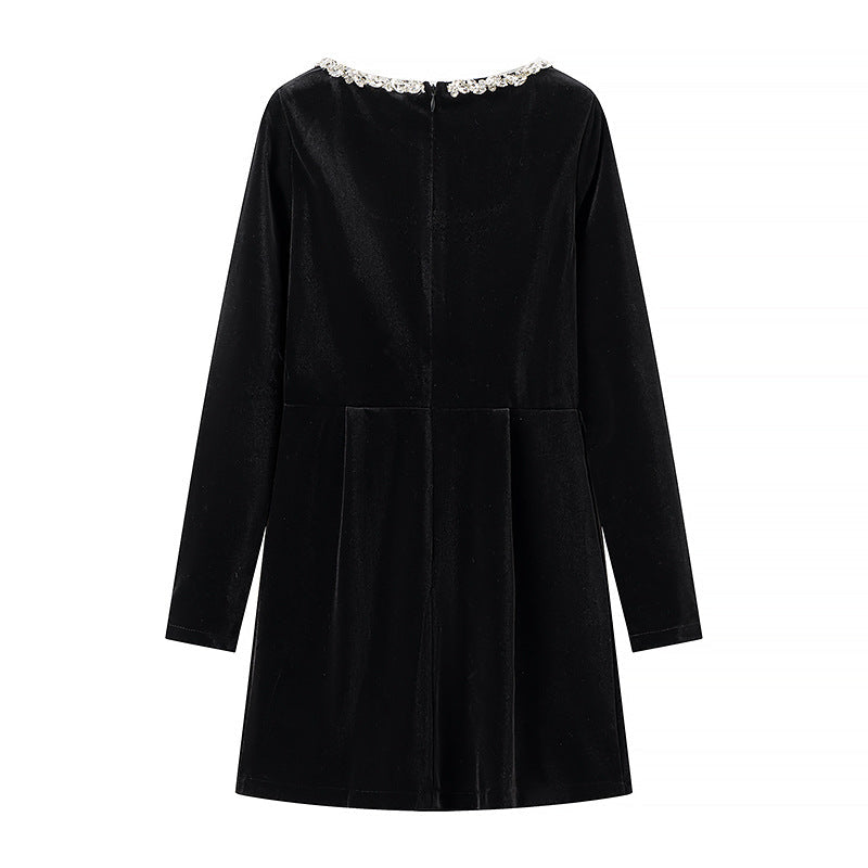 Damen Velourskleid Eleganter Schmuckkragen
