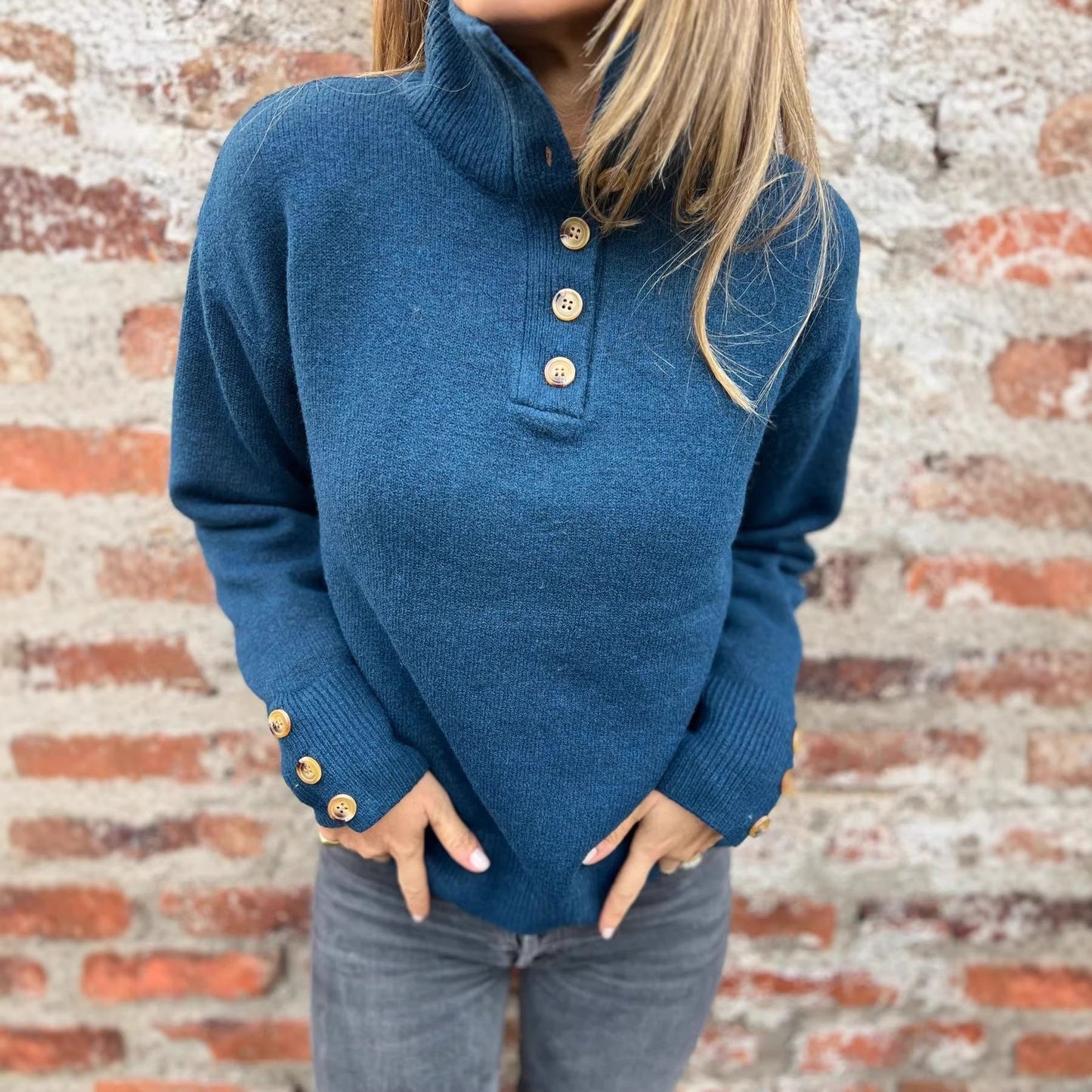 Damen Pullover Hohler Kragen Dekorative Knöpfe Norvielle