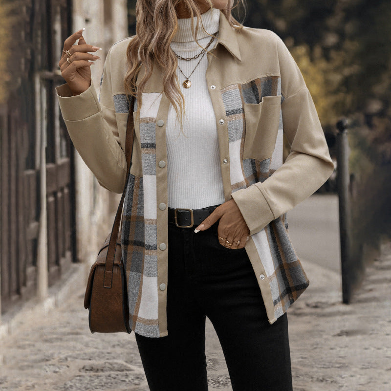 Damen Oversized Hemdjacke Kariert Baumwolle Praktische Taschen Beige