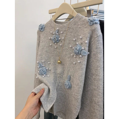 Damen Pullover Strukturiertes Blumendesign Perlenverzierungen