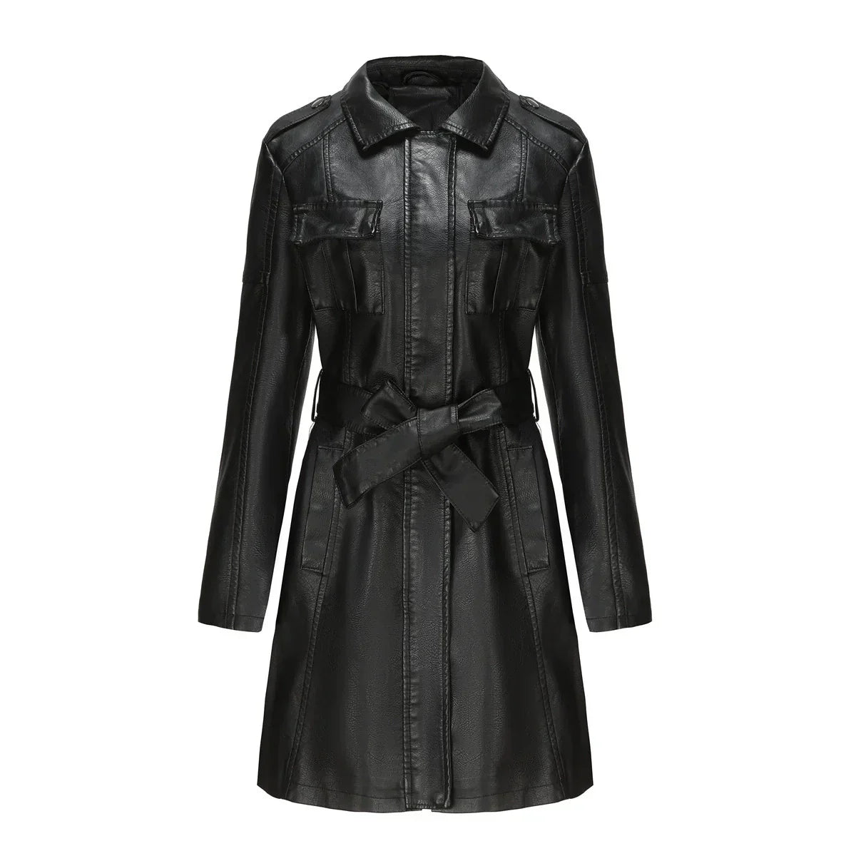 Damen Leder-Mantel Tailliert Mittellang