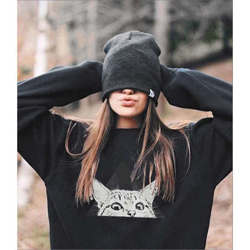 Damen Sweatshirt Katzenmotiv Geometrisches Design Norvielle