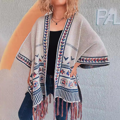 Damen Strickponcho Bunt Muster Fransenverzierung