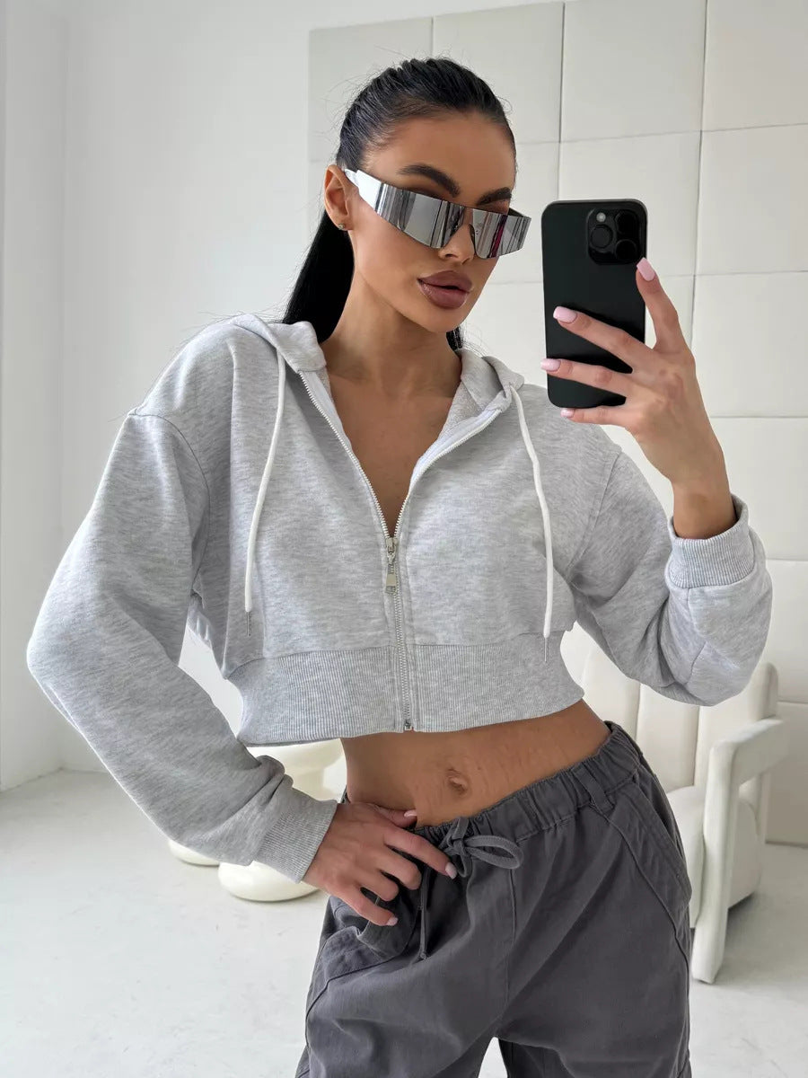 Damen Cropped Kapuzenjacke Reißverschluss Seitentaschen Norvielle