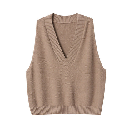 Damen Strickweste V-Ausschnitt Rippdetails Beige