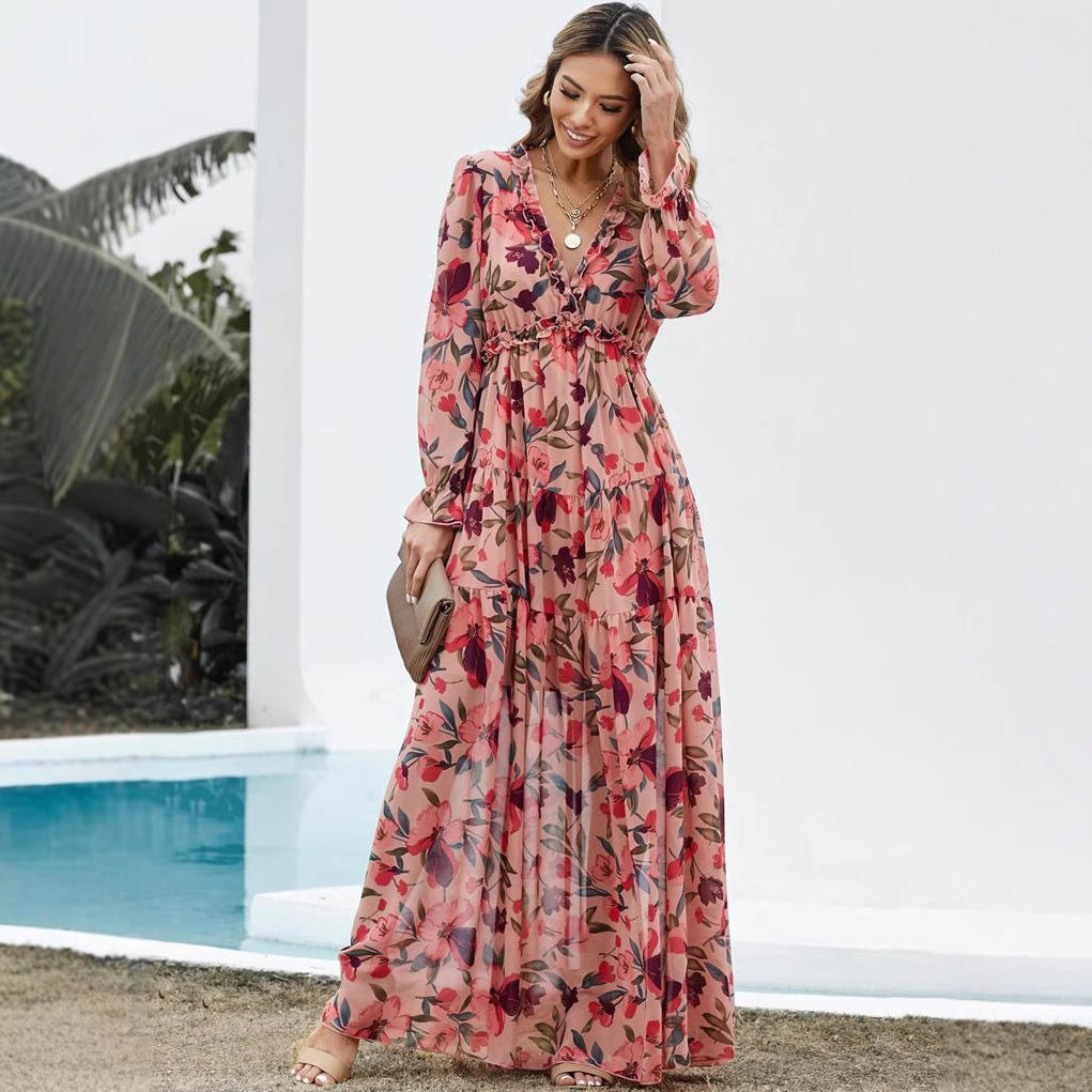 Damen Maxikleid Floraler Druck V-Ausschnitt - Norvielle