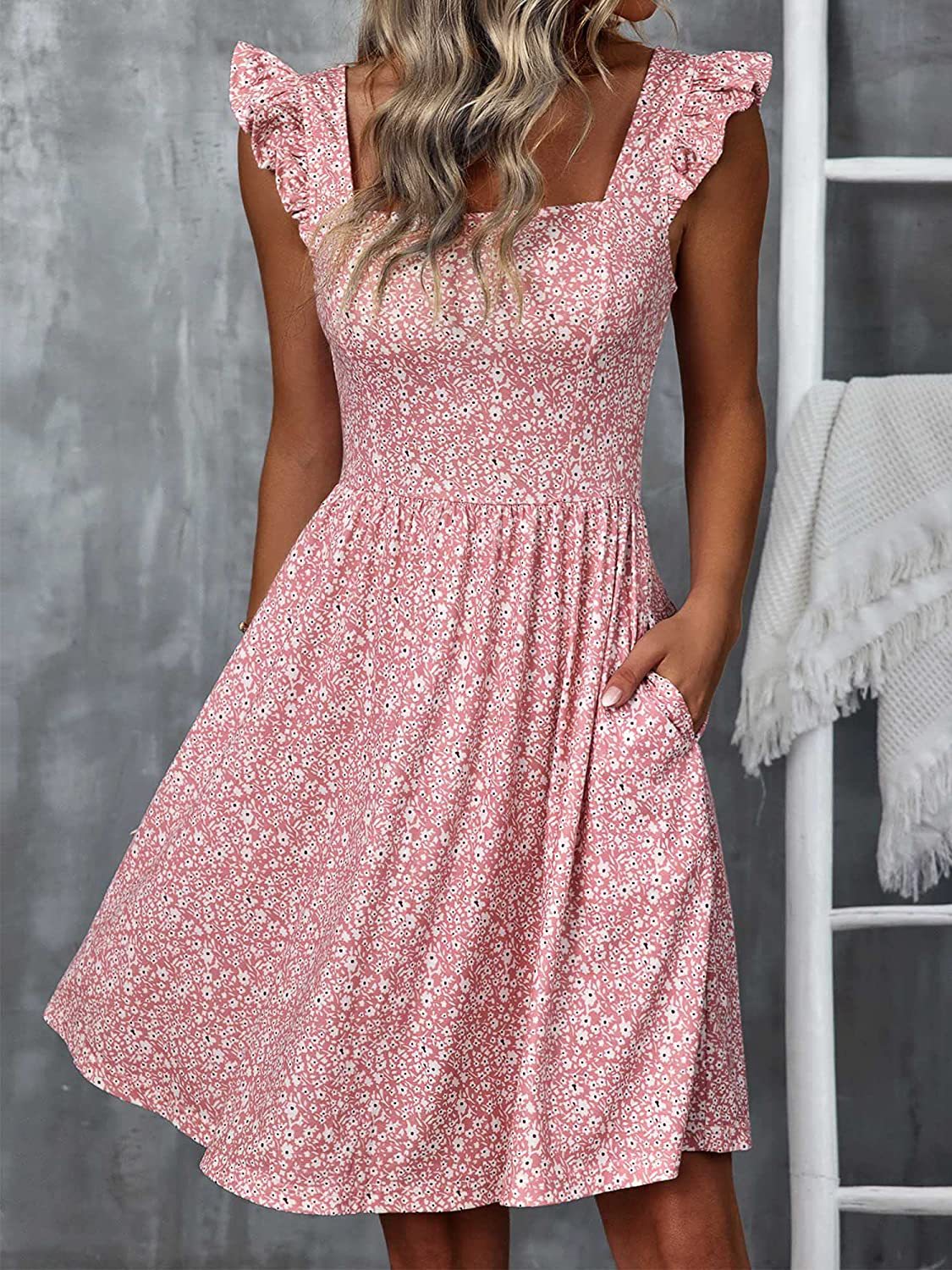 Damen Sommerkleid Rüschenärmel Schlitz dunkelblau