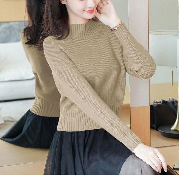 Damen Strickpullover Hochkragen Rippendetails Beige