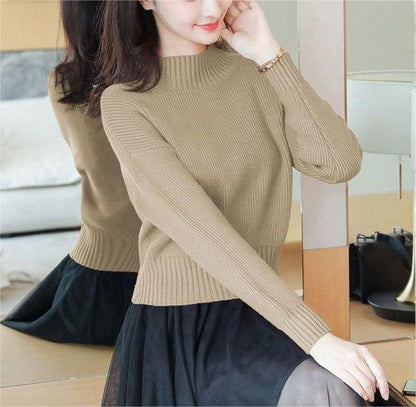 Damen Strickpullover Hochkragen Rippendetails Beige