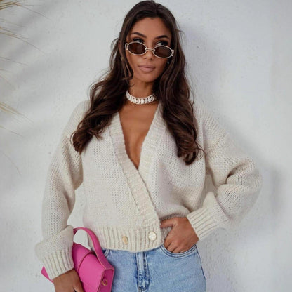 Damen Strickcardigan Weit Modisch Knöpfe Beige