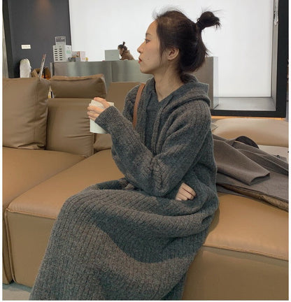 Damen Strickpullover mit Kapuze Rippstruktur Lang Norvielle