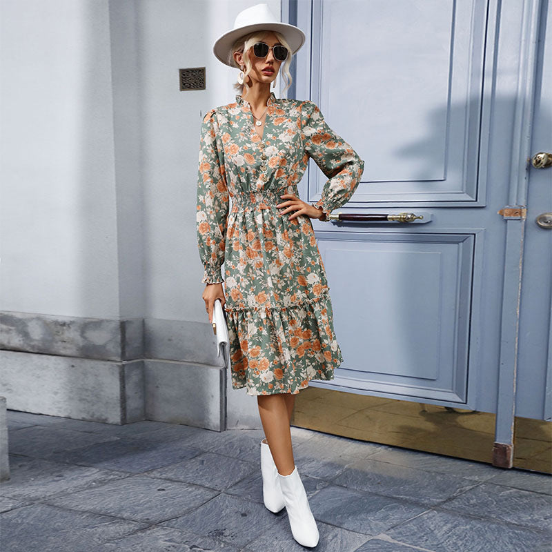 Damen Maxikleid mit Blumenmuster und Rüschen Norvielle