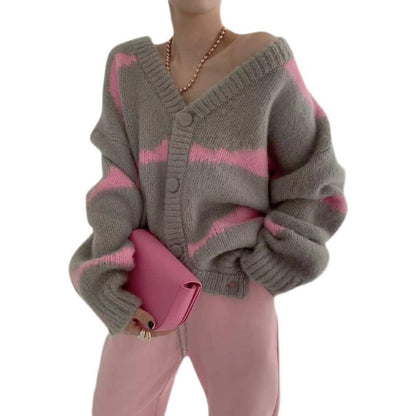 Damen Strickcardigan V-Ausschnitt Auffällige Knöpfe Beige