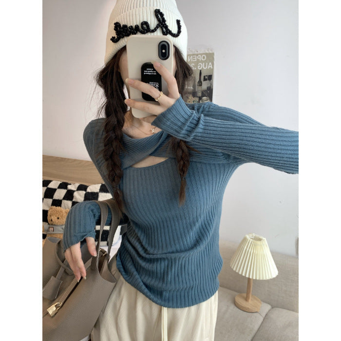 Damen Langarmshirt Offene Schulter Rippstrickmuster Norvielle