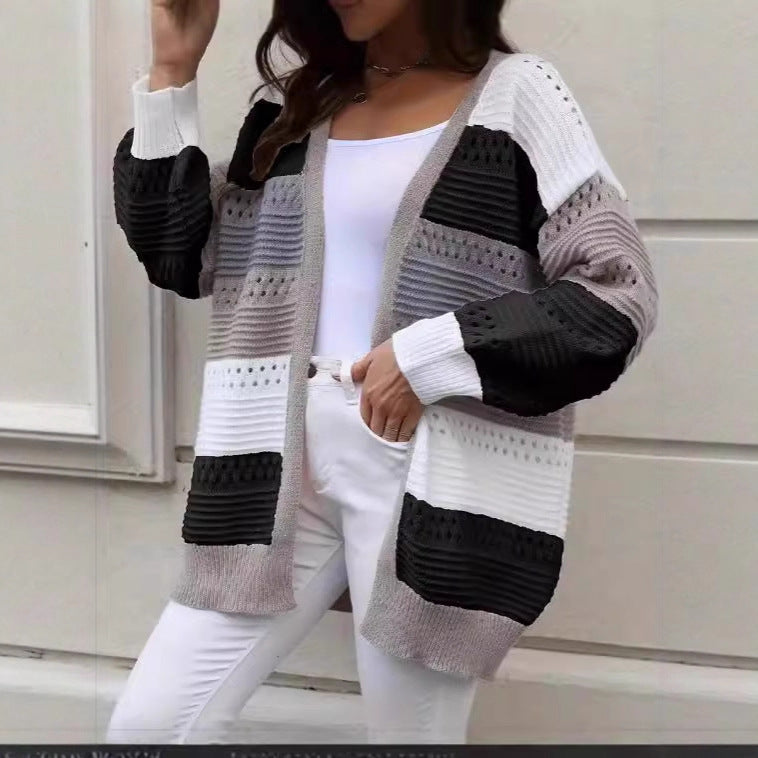 Damen Strickcardigan Groß Lochmuster Farbblock Norvielle