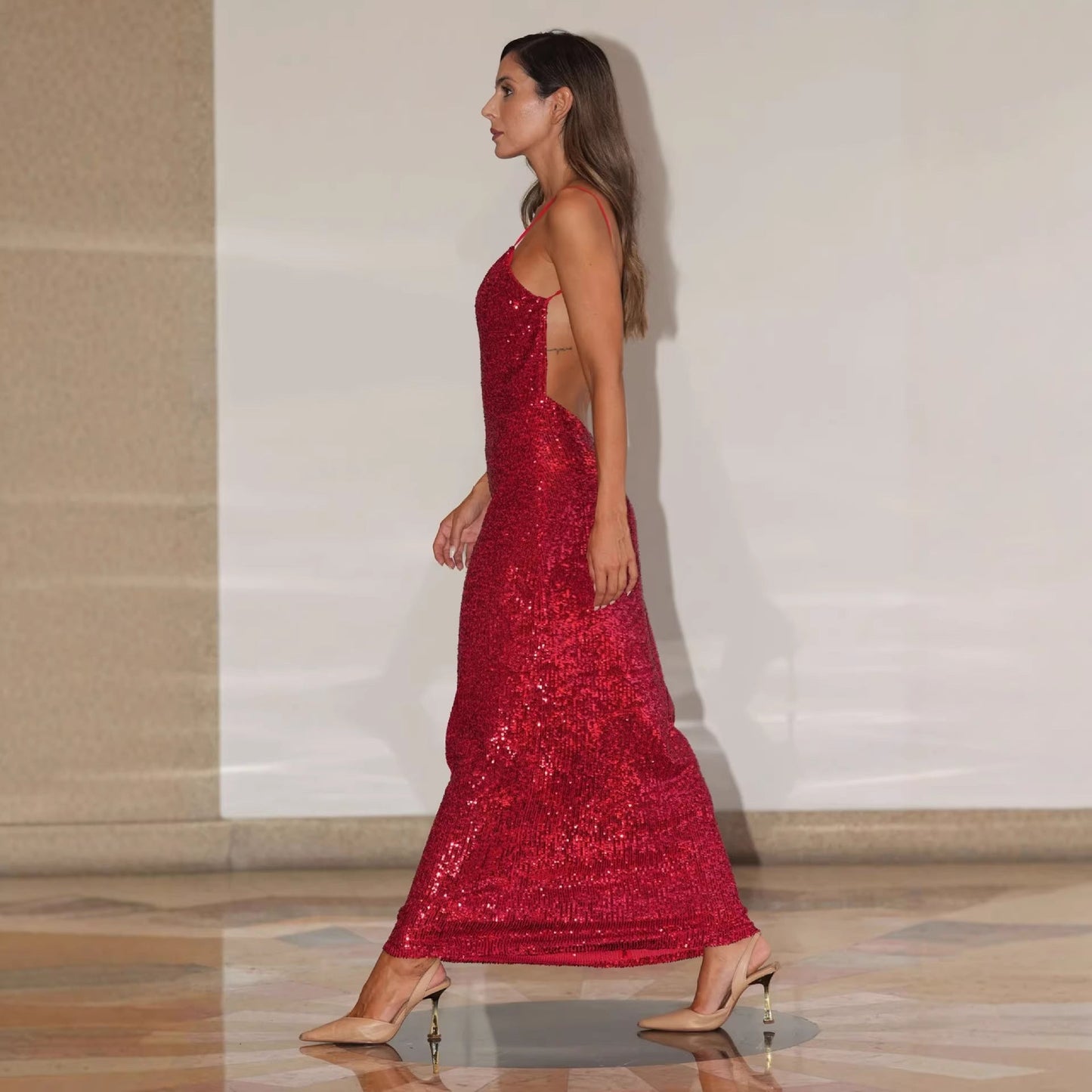 Damen Abendkleid Paillettenbesatz V-Ausschnitt Norvielle