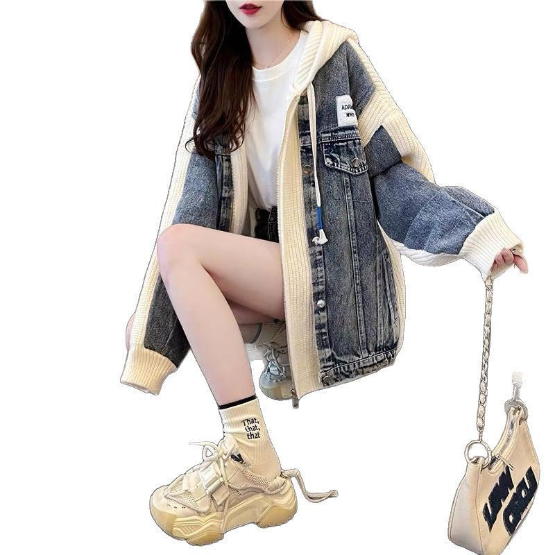 Damen Oversized Denimjacke Strickdetails