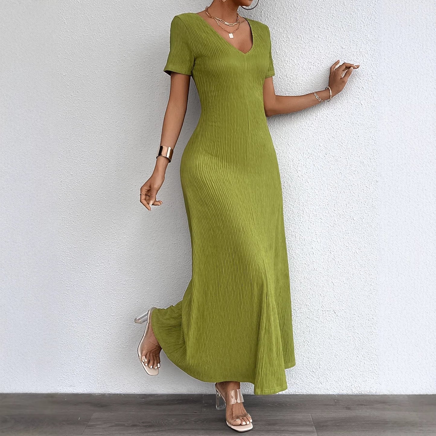 Damen Maxikleid Langarm Rippstruktur V-Ausschnitt Norvielle