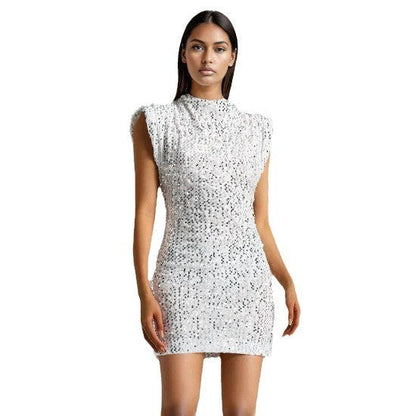 Damen Minikleid Glitzernd mit Stehkragen und Pailletten