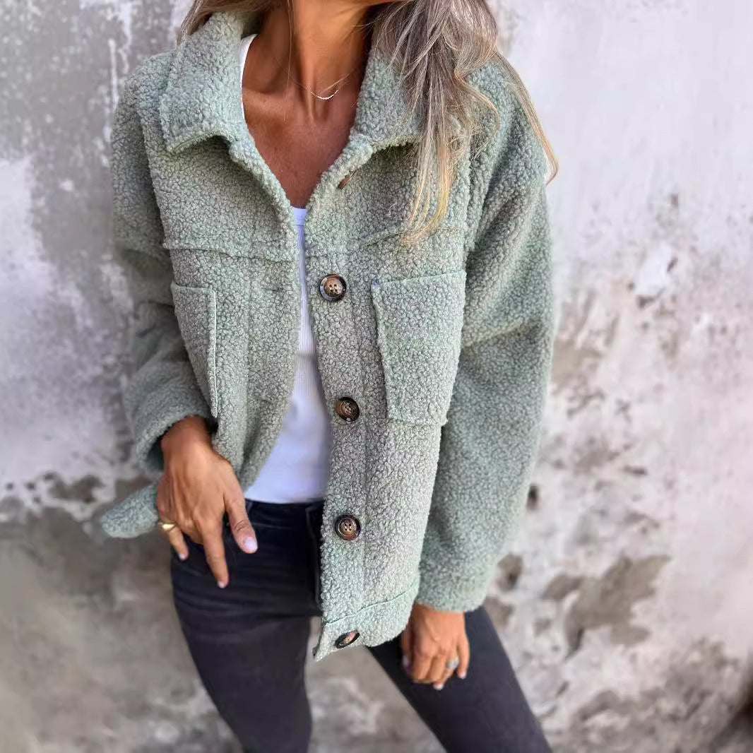 Damen Oversized-Jacke Flauschig mit Taschen und Knöpfen Norvielle
