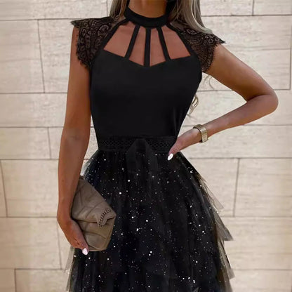 Damen Cocktailkleid Spitze Glitzernd Tüll Norvielle