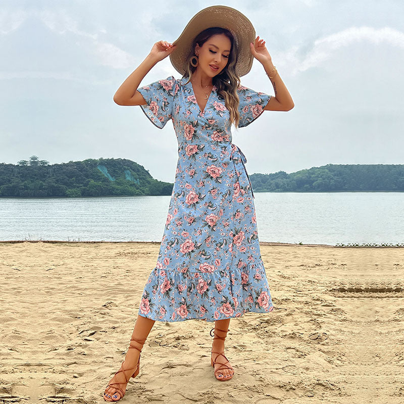 Damen Maxikleid Floralmuster Rüschensaum Norvielle