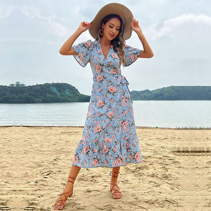 Damen Maxikleid Floralmuster Rüschensaum Norvielle