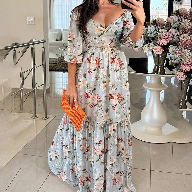 Damen Maxikleid Schulterfrei Floralmuster Rüschensaum Norvielle