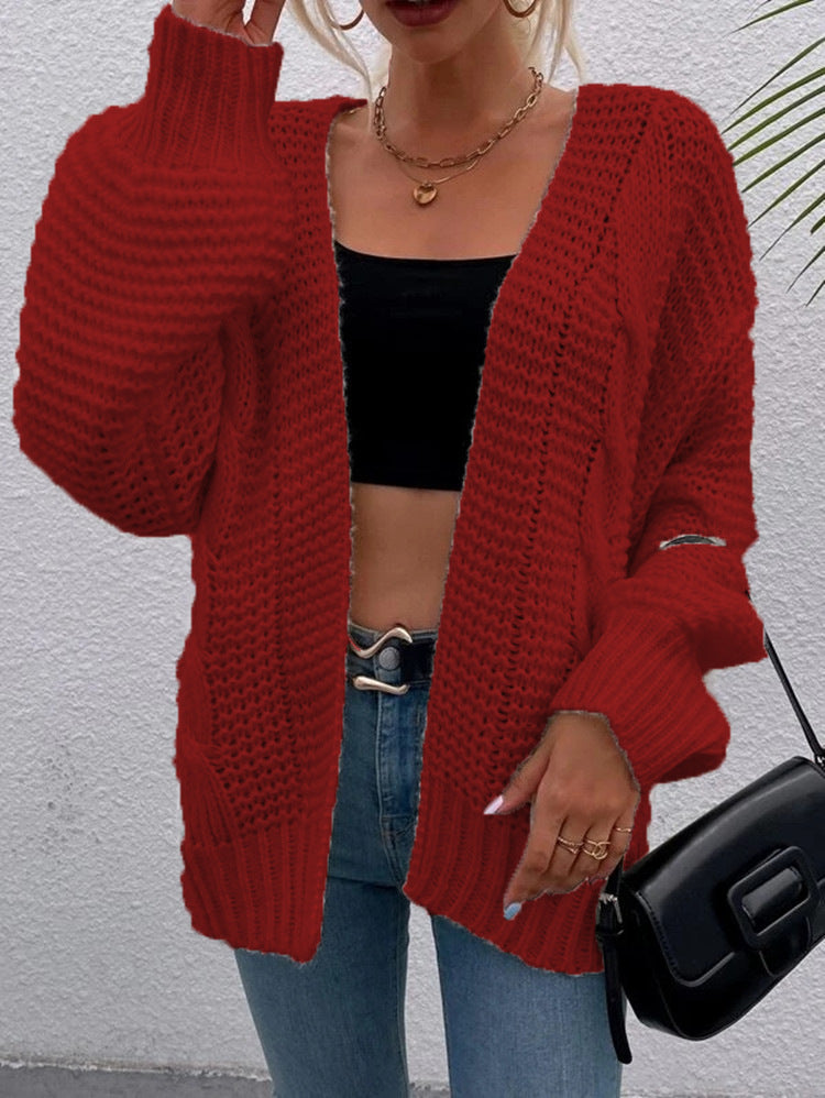 Damen Grobstrick-Cardigan Offene Taschen Lässiger Schnitt Beige