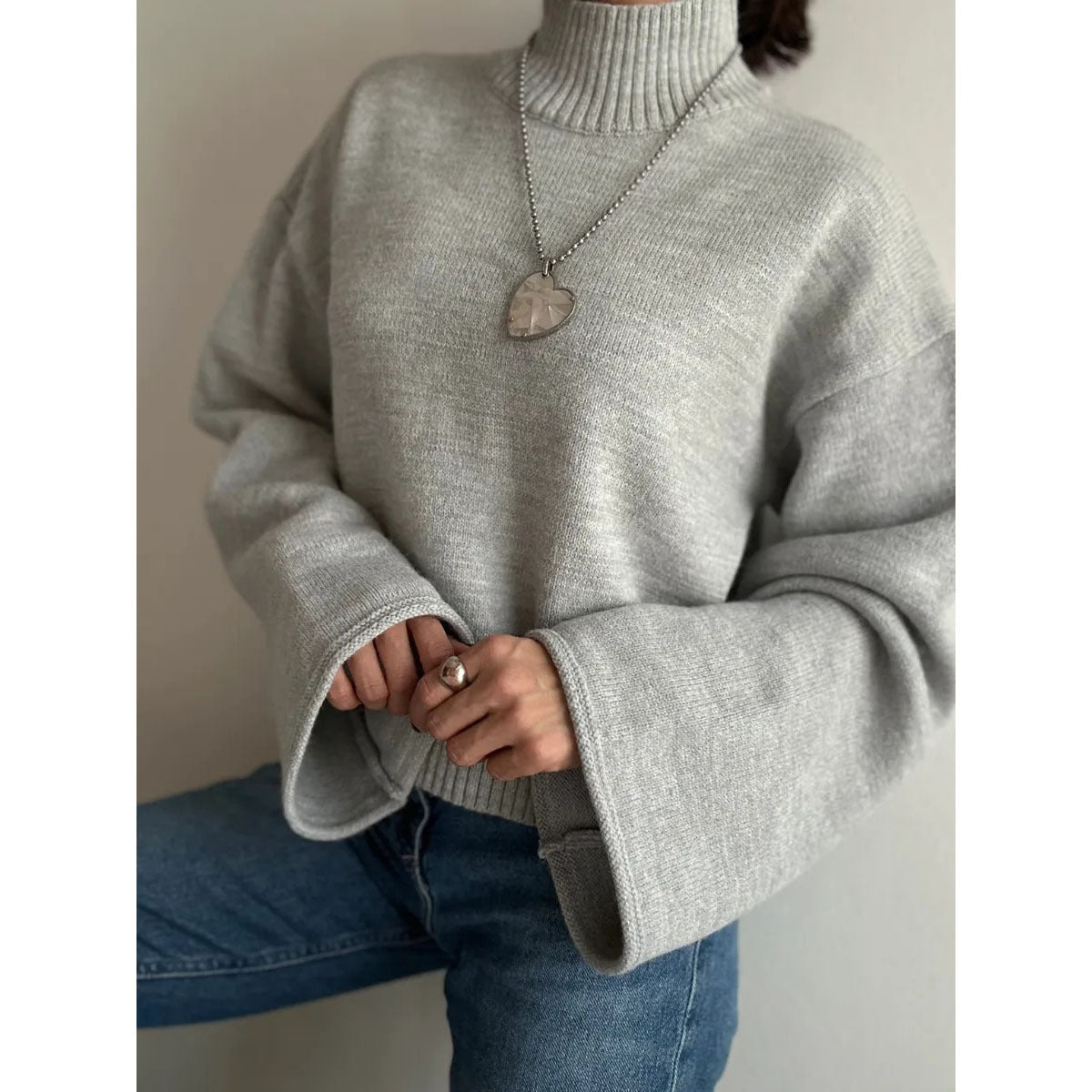 Damen Grobstrickpullover Stehkragen Voluminöse Ärmel Norvielle - Norvielle