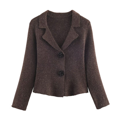 Damen Strickblazer Elegant Revers Beige