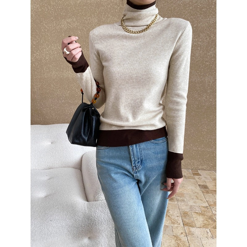 Damen Rollkragenpullover Kontrastärmel Norvielle