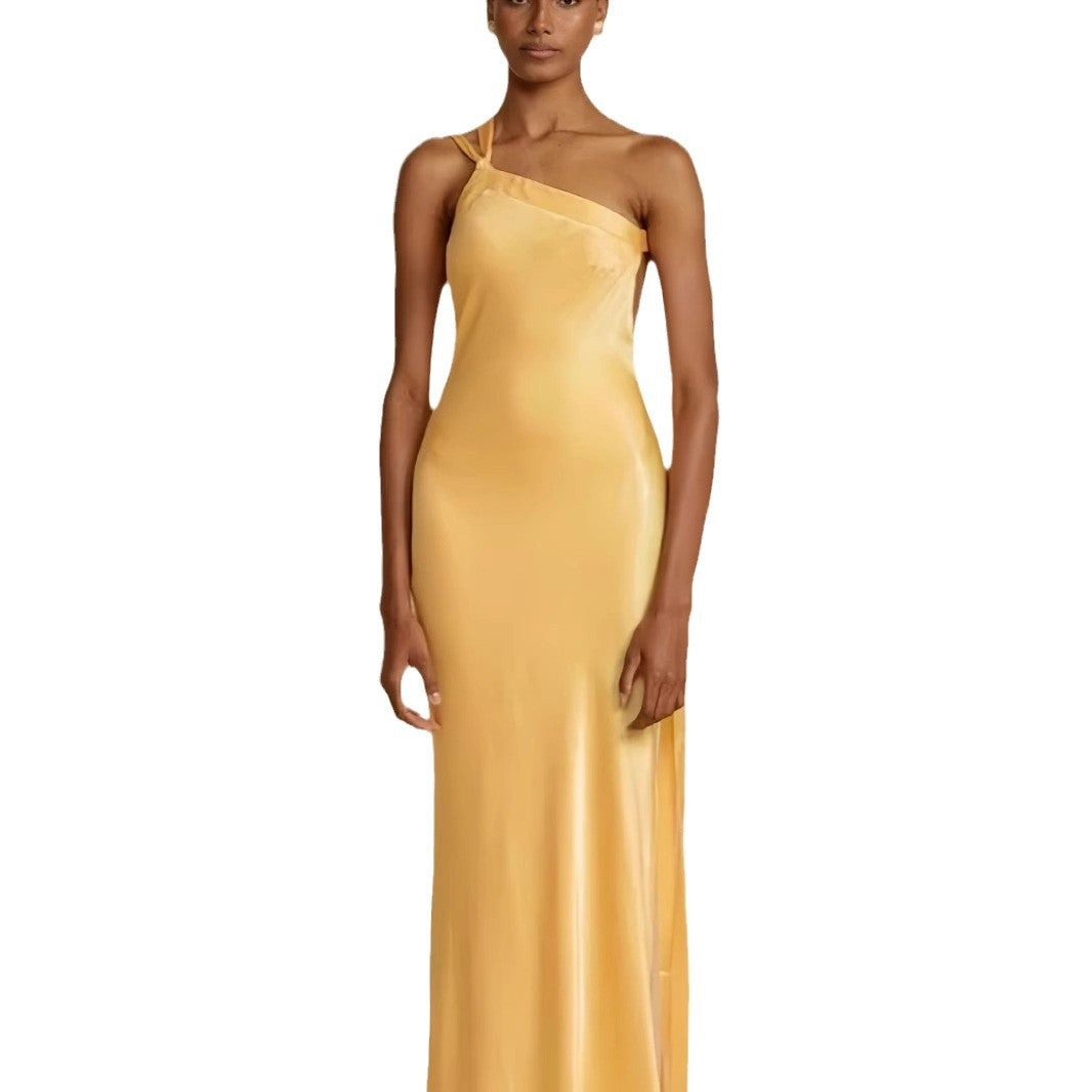 Damen Maxikleid Asymmetrischer Halter Satin Schimmernd