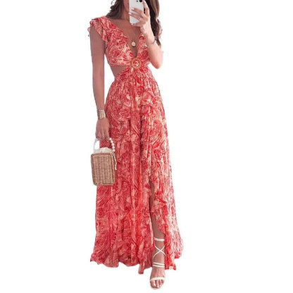 Damen Maxikleid Hochschlitz Florale Rüschendetails