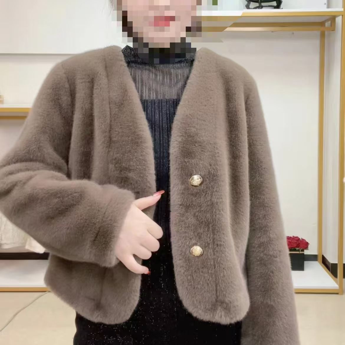 Damen Kurzjacke Flauschig mit Knöpfen Norvielle