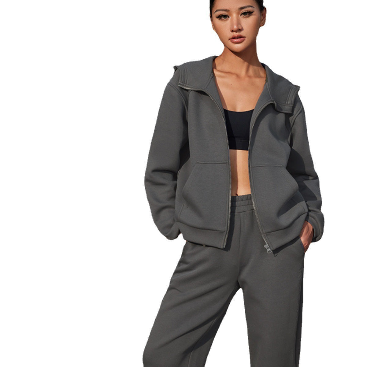 Damen Fleece-Set Sportlich Hochkragen Mit Taschen