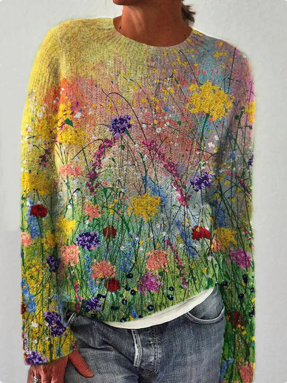 Damen Sweatshirt Wollgefühl Lockerschnitt Floral Bestickt Langarm