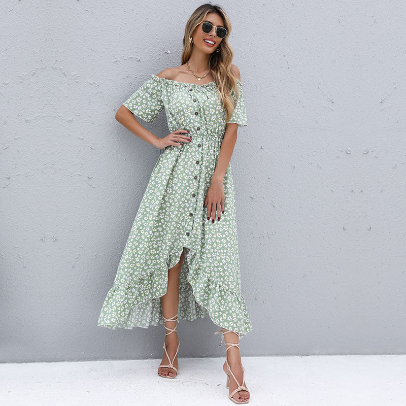 Damen Maxikleid Blumenmuster Rüschensaum Elegant