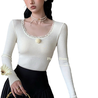 Damen Langarmshirt Spitzenakzente Blumenmuster