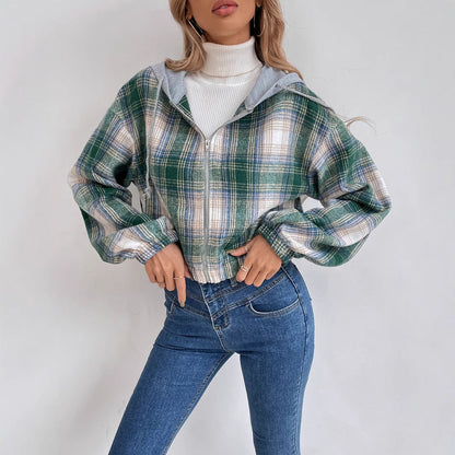 Damen Cropped Flanelljacke Kapuze Karomuster Norvielle - Norvielle