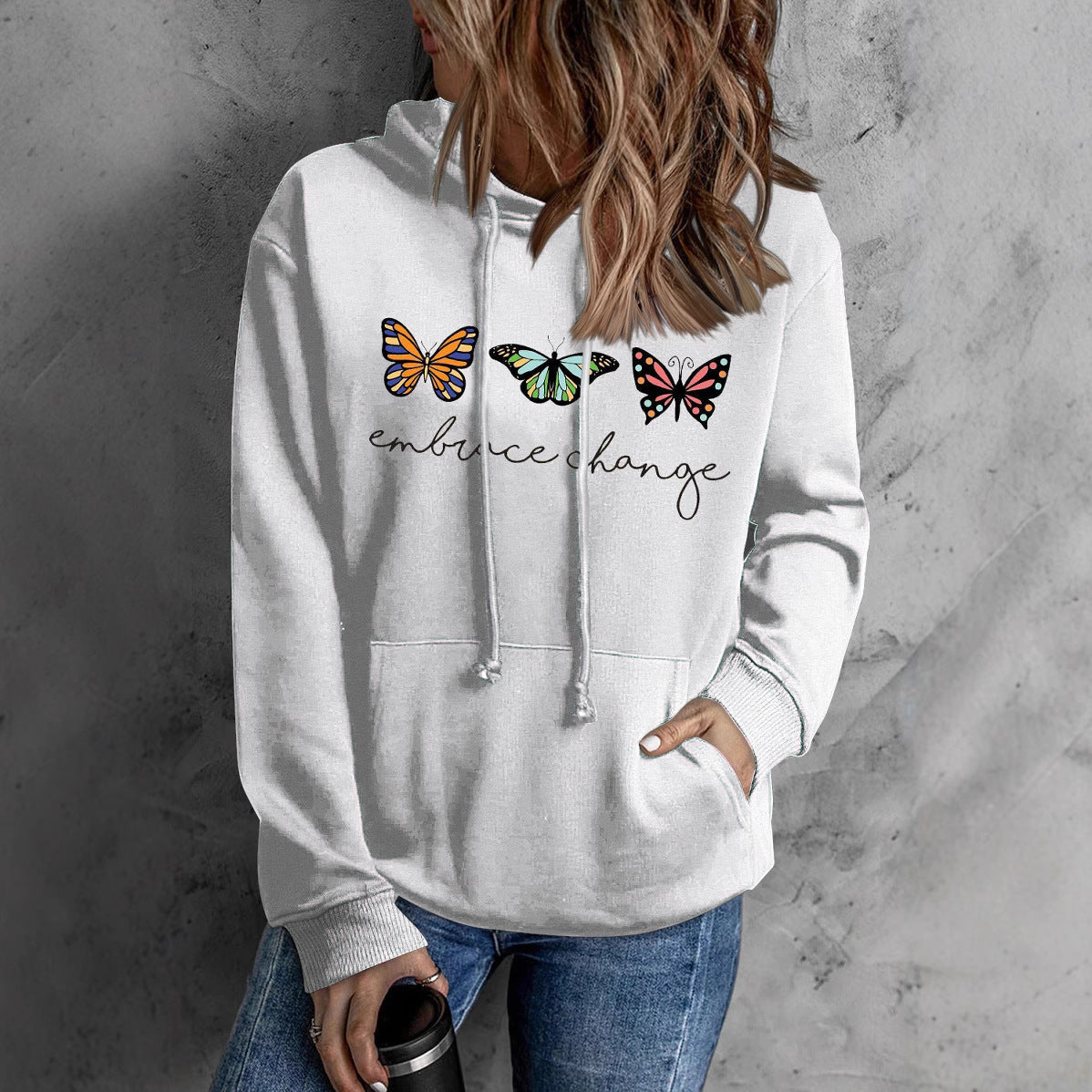 Damen Kapuzenpullover Schmetterlingsmotiv Baumwolle Weiss