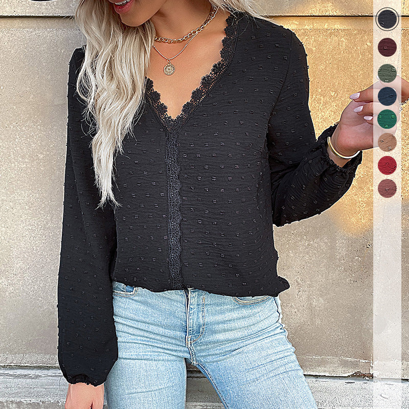 Damen Bluse Spitzenbesatz Puffärmel Elegantes Design - Norvielle