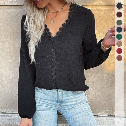 Damen Bluse Spitzenbesatz Puffärmel Elegantes Design - Norvielle